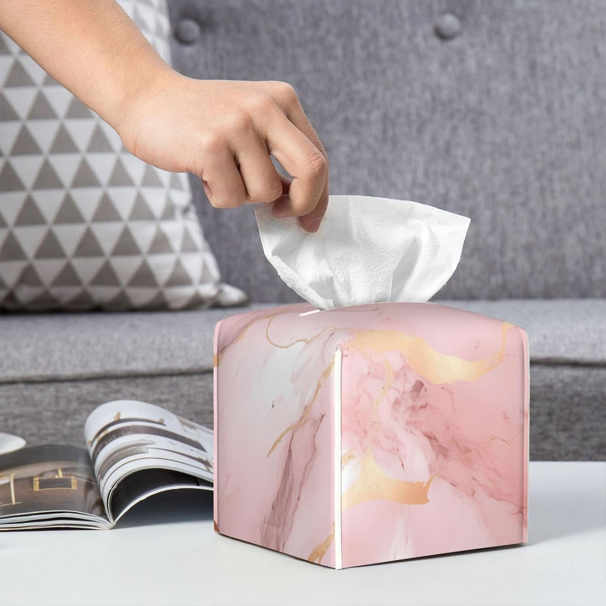 Pink Rose Gold Marble Print Leather Tissue Box Square Tissue Holder with Bottom Belt Convenient Tissue Box Organizer for Tabletop Bathroom Office Decor