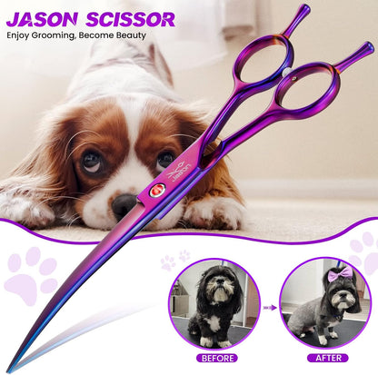 JASON 7" Dog Grooming Scissor - Professional Down-curved Shear with Ergonomic Handle Japanese Stainless Steel Trimming Scissor for Dogs, Cats and Other Pets, Sharp (Curved, Purple) Christmas Gift