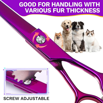 JASON 7" Dog Grooming Scissor - Professional Down-curved Shear with Ergonomic Handle Japanese Stainless Steel Trimming Scissor for Dogs, Cats and Other Pets, Sharp (Curved, Purple) Christmas Gift