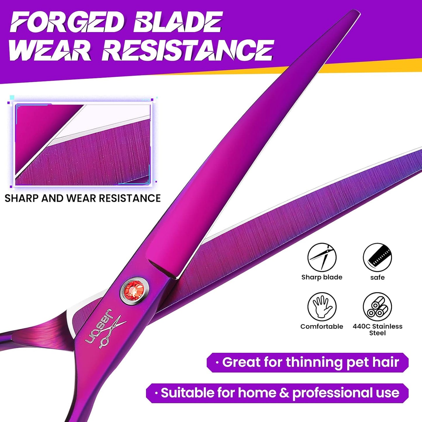 JASON 7" Dog Grooming Scissor - Professional Down-curved Shear with Ergonomic Handle Japanese Stainless Steel Trimming Scissor for Dogs, Cats and Other Pets, Sharp (Curved, Purple) Christmas Gift