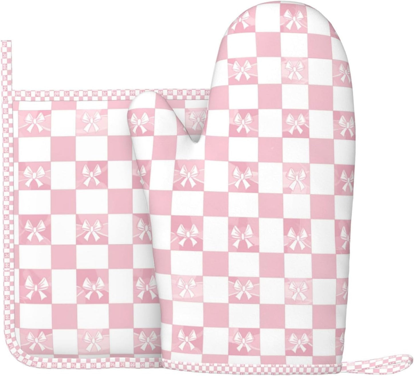 Oven Mitts and Pot Holders Pink Check Bow Pattern Silicone Kitchen Accessories Set of 2 Heat Resistant Long Gloves Potholder Non-Slip Grip for Chef Cooking Baking Grilling BBQ