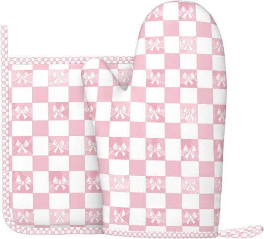 Oven Mitts and Pot Holders Pink Check Bow Pattern Silicone Kitchen Accessories Set of 2 Heat Resistant Long Gloves Potholder Non-Slip Grip for Chef Cooking Baking Grilling BBQ