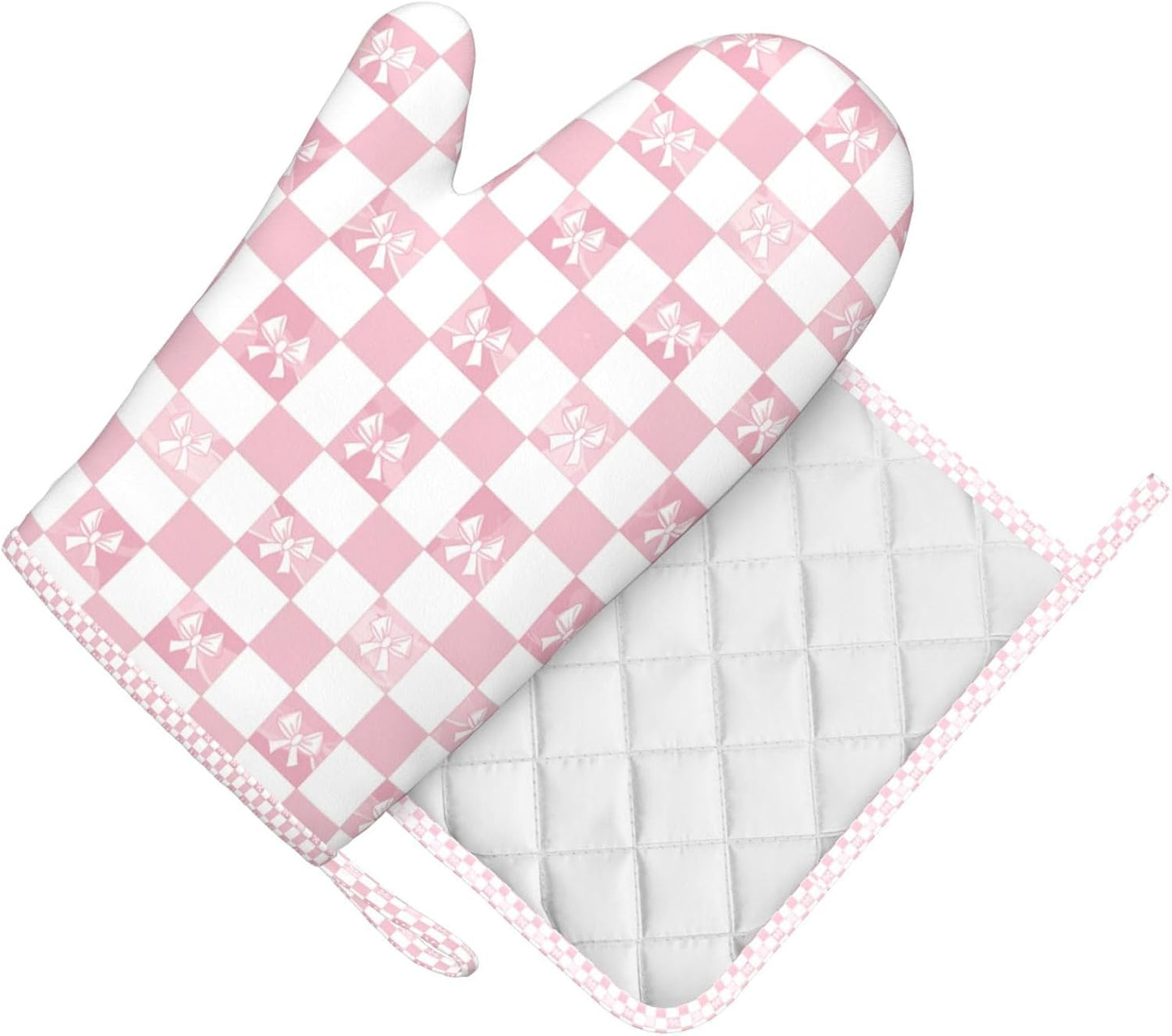 Oven Mitts and Pot Holders Pink Check Bow Pattern Silicone Kitchen Accessories Set of 2 Heat Resistant Long Gloves Potholder Non-Slip Grip for Chef Cooking Baking Grilling BBQ