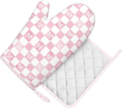Oven Mitts and Pot Holders Pink Check Bow Pattern Silicone Kitchen Accessories Set of 2 Heat Resistant Long Gloves Potholder Non-Slip Grip for Chef Cooking Baking Grilling BBQ