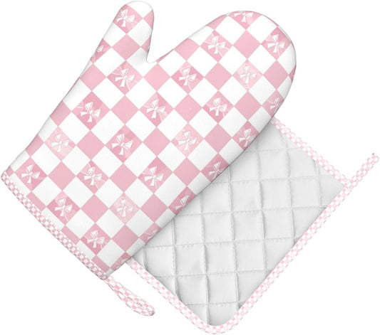 Oven Mitts and Pot Holders Pink Check Bow Pattern Silicone Kitchen Accessories Set of 2 Heat Resistant Long Gloves Potholder Non-Slip Grip for Chef Cooking Baking Grilling BBQ