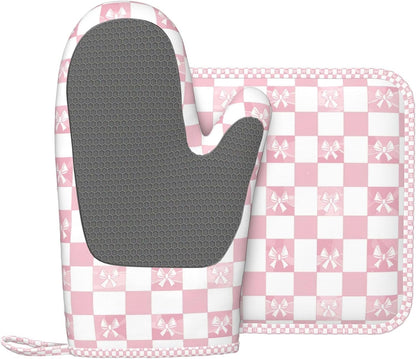 Oven Mitts and Pot Holders Pink Check Bow Pattern Silicone Kitchen Accessories Set of 2 Heat Resistant Long Gloves Potholder Non-Slip Grip for Chef Cooking Baking Grilling BBQ