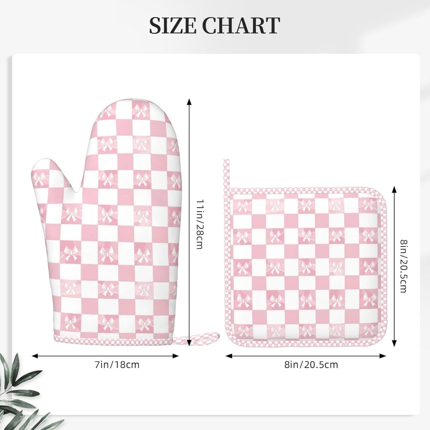 Oven Mitts and Pot Holders Pink Check Bow Pattern Silicone Kitchen Accessories Set of 2 Heat Resistant Long Gloves Potholder Non-Slip Grip for Chef Cooking Baking Grilling BBQ