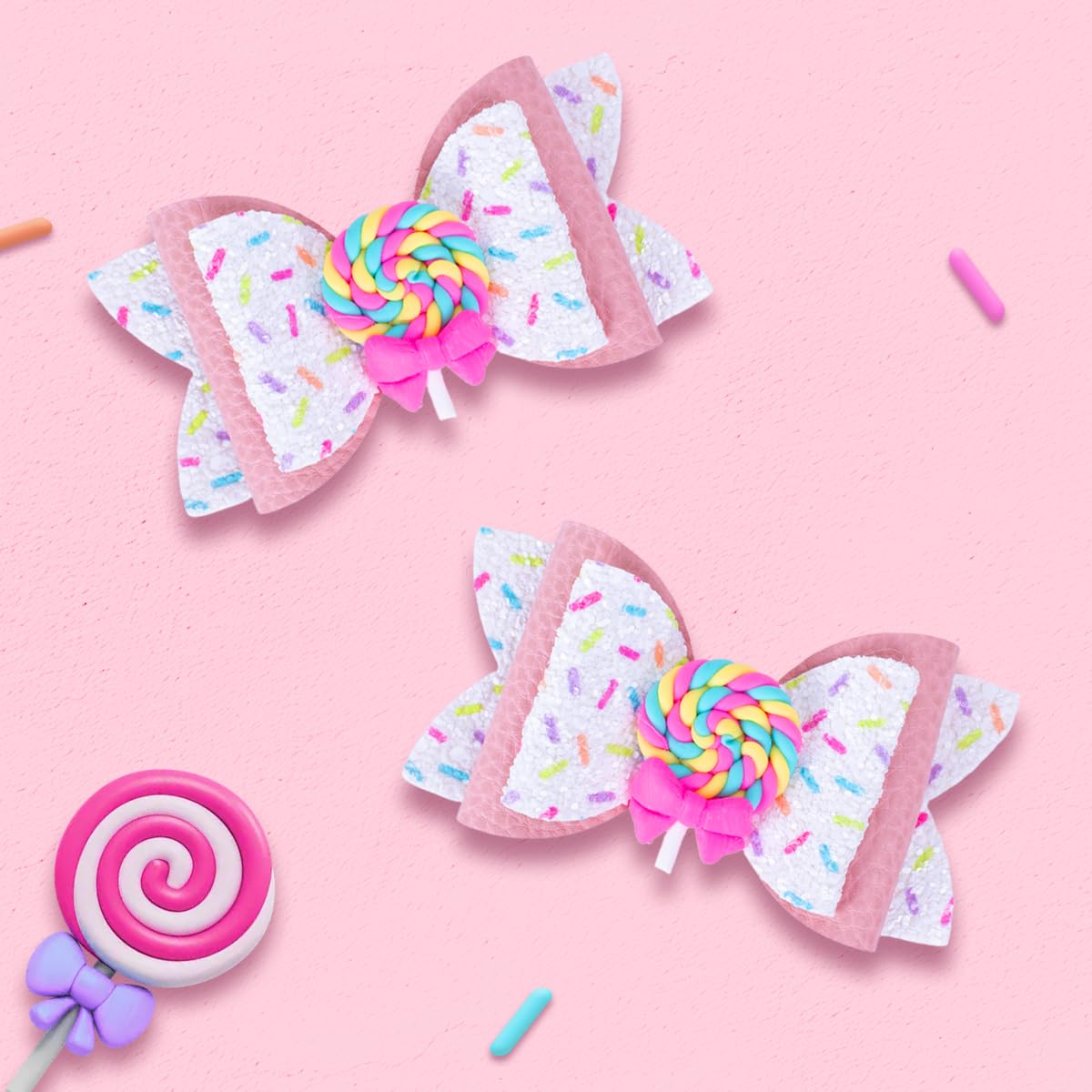 Lollipop Hair Bows, Glitter Hair Clips for Girls Sparkly Confetti Sprinkle Handmade Bows Metal Alligator Hairpin Hair Accessories for Girls Birthday Back to School Party Decor - Pink