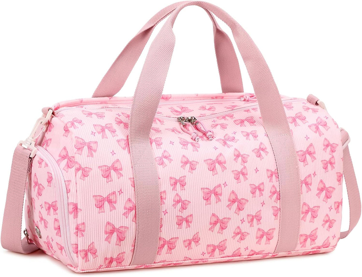 Duffle Bag for Gym Sports Women Girls Workout Travel Bag Weekender with Shoe Compartment and Wet Pocket (Pink Bow-Star)