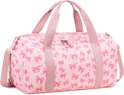 Duffle Bag for Gym Sports Women Girls Workout Travel Bag Weekender with Shoe Compartment and Wet Pocket (Pink Bow-Star)
