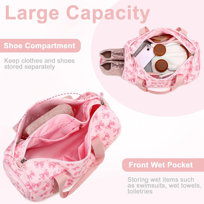 Duffle Bag for Gym Sports Women Girls Workout Travel Bag Weekender with Shoe Compartment and Wet Pocket (Pink Bow-Star)