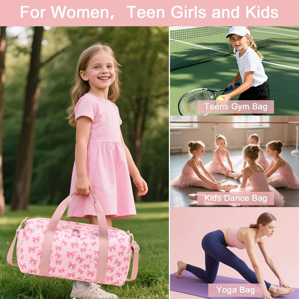 Duffle Bag for Gym Sports Women Girls Workout Travel Bag Weekender with Shoe Compartment and Wet Pocket (Pink Bow-Star)