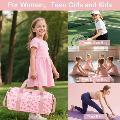 Duffle Bag for Gym Sports Women Girls Workout Travel Bag Weekender with Shoe Compartment and Wet Pocket (Pink Bow-Star)