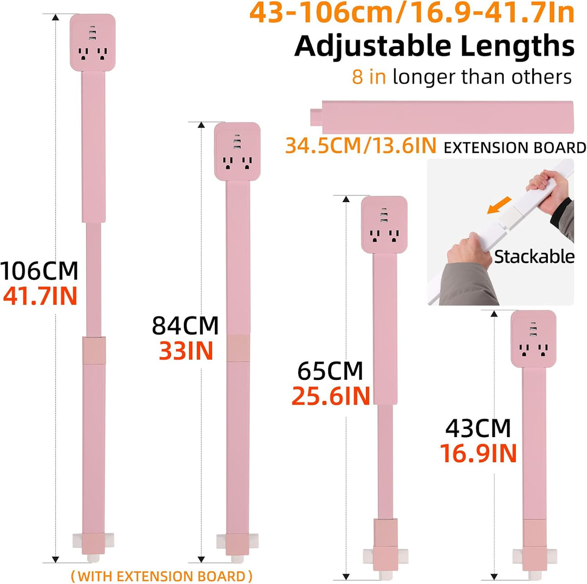 Outlet Extender 17-41in，Upgrade Stable USB-A&USB-C Wall Outlet Extender Made of Fireproof Material，Wall Plug Extender Anti-Wires-Chaos，with 4 Fixed Angles Suit for Outlet Behind Desk, Sofa（Pink）