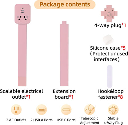 Outlet Extender 17-41in，Upgrade Stable USB-A&USB-C Wall Outlet Extender Made of Fireproof Material，Wall Plug Extender Anti-Wires-Chaos，with 4 Fixed Angles Suit for Outlet Behind Desk, Sofa（Pink）