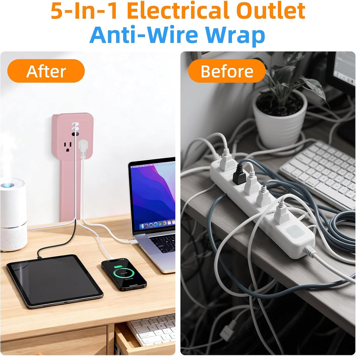 Outlet Extender 17-41in，Upgrade Stable USB-A&USB-C Wall Outlet Extender Made of Fireproof Material，Wall Plug Extender Anti-Wires-Chaos，with 4 Fixed Angles Suit for Outlet Behind Desk, Sofa（Pink）