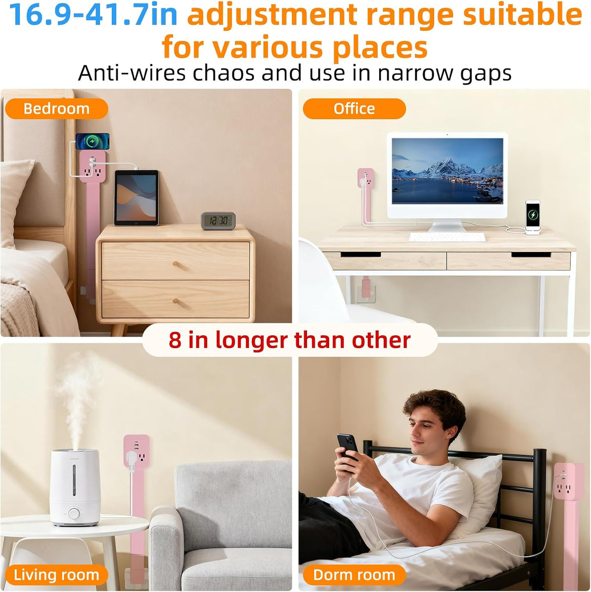 Outlet Extender 17-41in，Upgrade Stable USB-A&USB-C Wall Outlet Extender Made of Fireproof Material，Wall Plug Extender Anti-Wires-Chaos，with 4 Fixed Angles Suit for Outlet Behind Desk, Sofa（Pink）