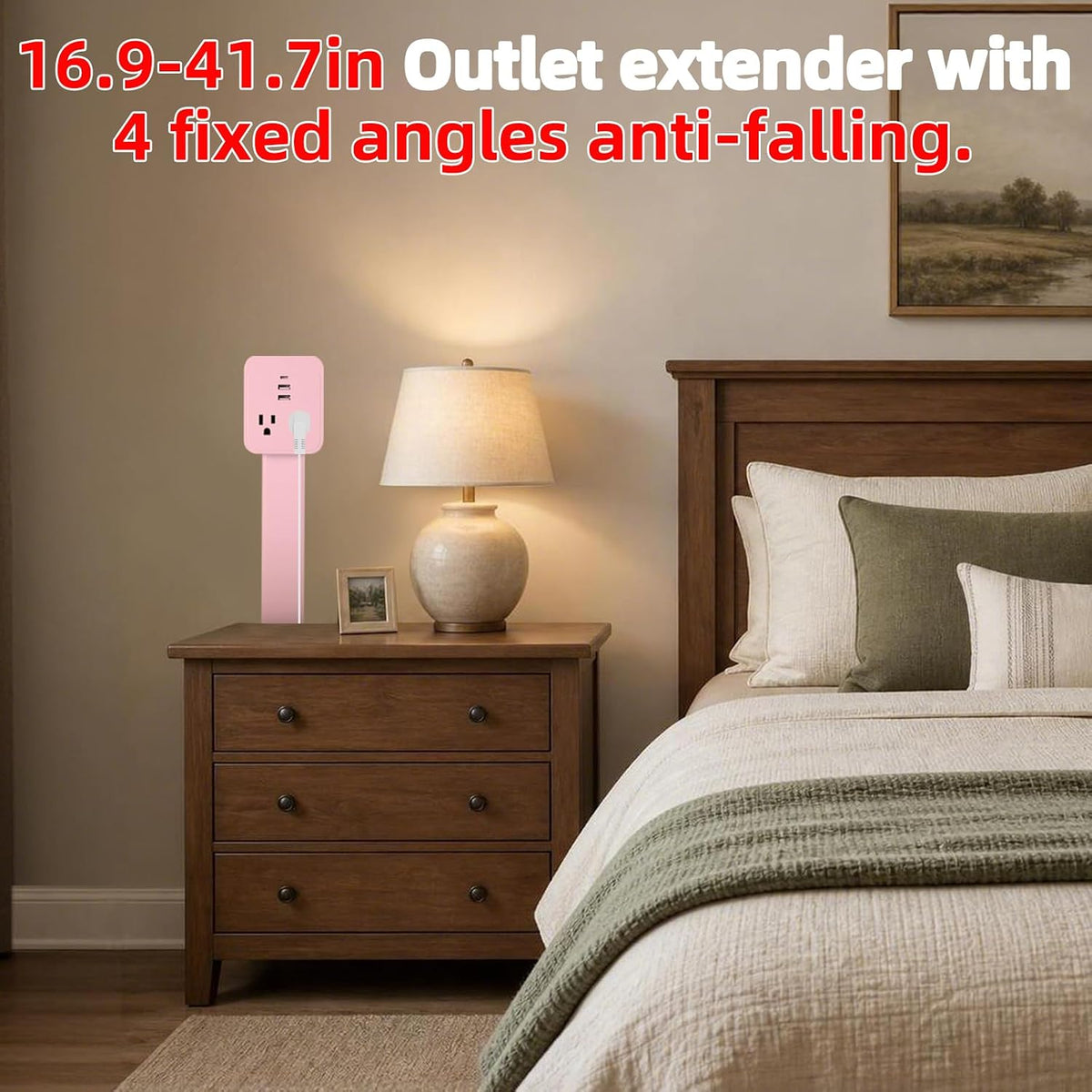 Outlet Extender 17-41in，Upgrade Stable USB-A&USB-C Wall Outlet Extender Made of Fireproof Material，Wall Plug Extender Anti-Wires-Chaos，with 4 Fixed Angles Suit for Outlet Behind Desk, Sofa（Pink）
