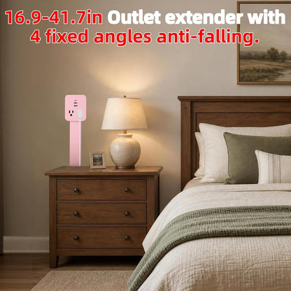 Outlet Extender 17-41in，Upgrade Stable USB-A&USB-C Wall Outlet Extender Made of Fireproof Material，Wall Plug Extender Anti-Wires-Chaos，with 4 Fixed Angles Suit for Outlet Behind Desk, Sofa（Pink）