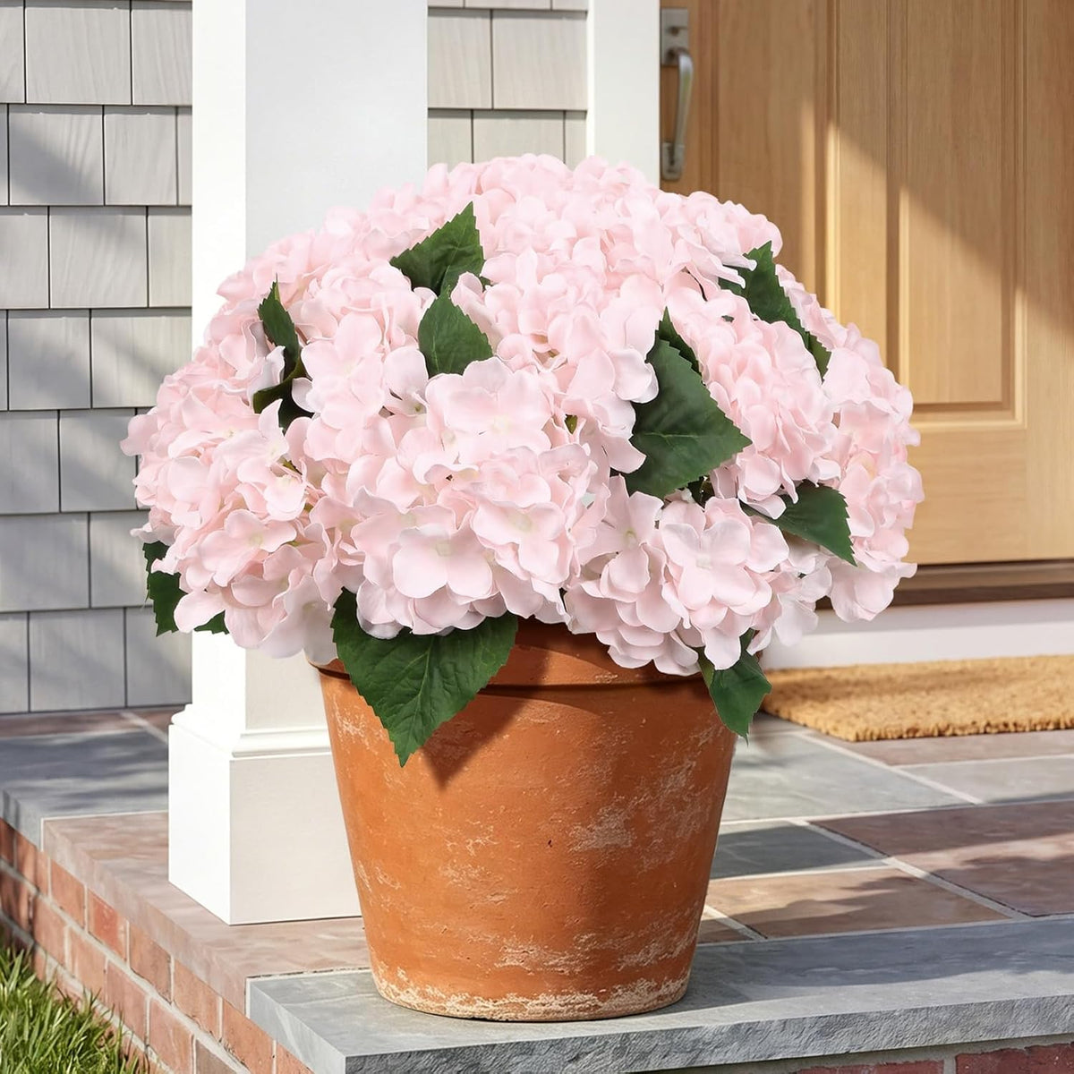 4 Bundles Light Pink Artificial Hydrangeas Flowers Outdoors UV Resistant Faux Silk Flowers for Balcony Window Box Front Door Porch Yard Home Garden Wedding Decor (Light Pink)