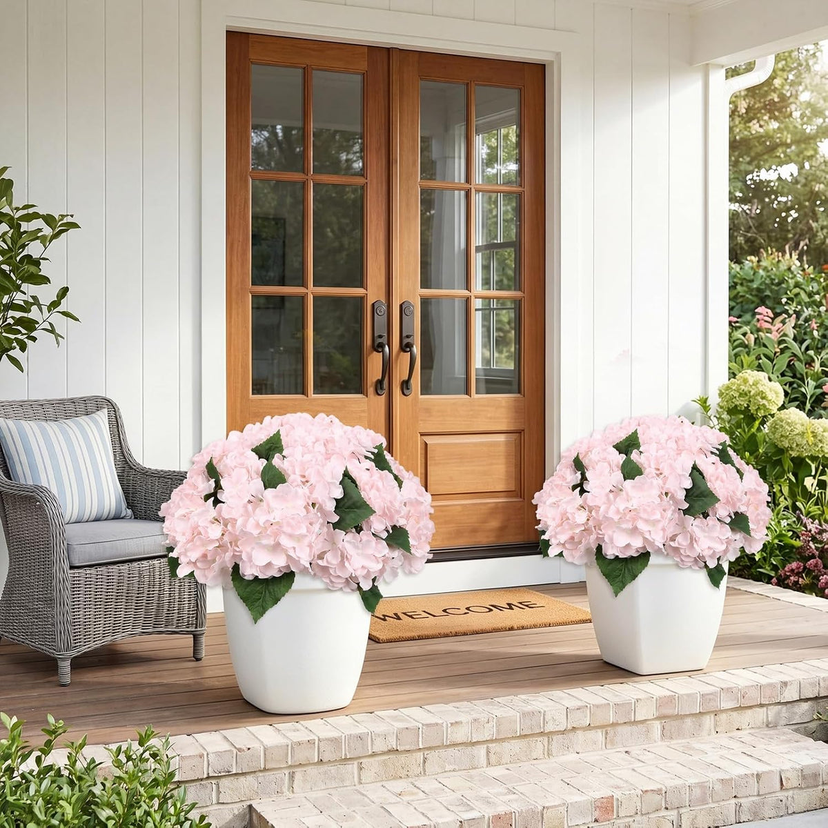 4 Bundles Light Pink Artificial Hydrangeas Flowers Outdoors UV Resistant Faux Silk Flowers for Balcony Window Box Front Door Porch Yard Home Garden Wedding Decor (Light Pink)