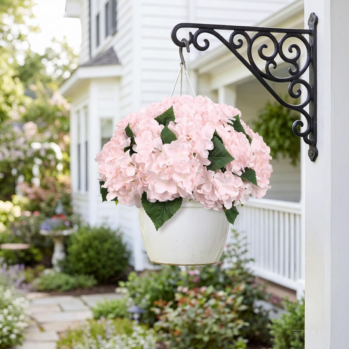 4 Bundles Light Pink Artificial Hydrangeas Flowers Outdoors UV Resistant Faux Silk Flowers for Balcony Window Box Front Door Porch Yard Home Garden Wedding Decor (Light Pink)