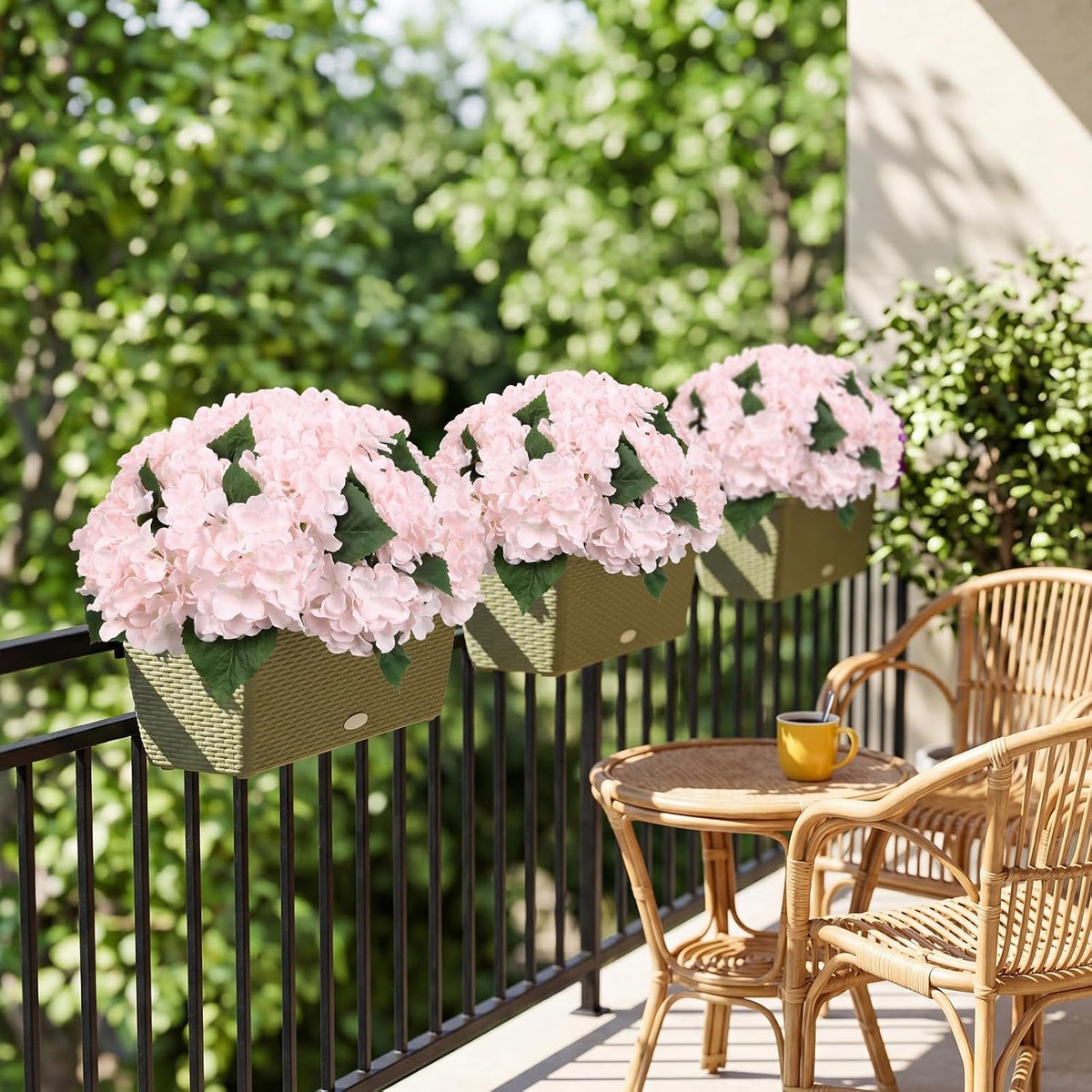 4 Bundles Light Pink Artificial Hydrangeas Flowers Outdoors UV Resistant Faux Silk Flowers for Balcony Window Box Front Door Porch Yard Home Garden Wedding Decor (Light Pink)