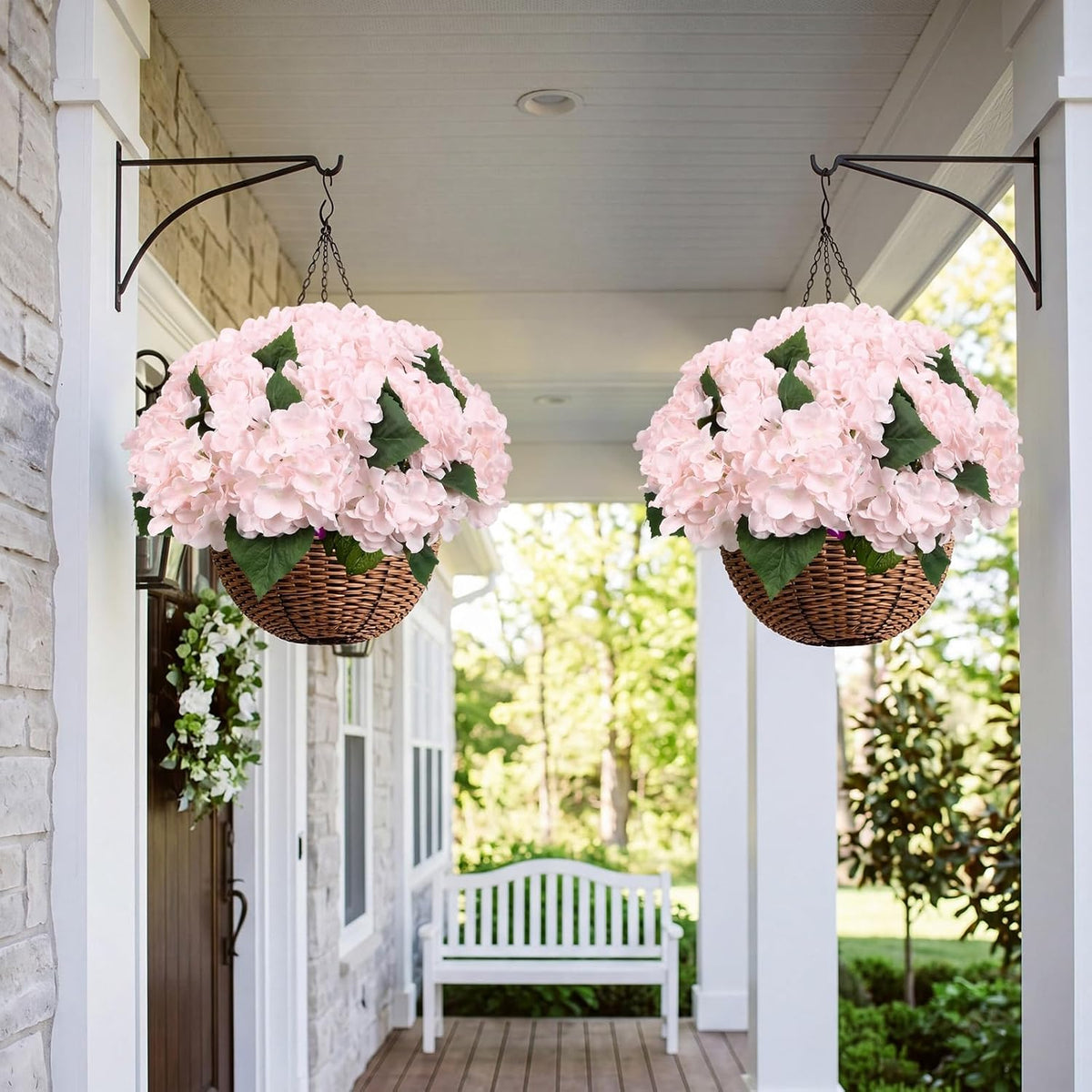 4 Bundles Light Pink Artificial Hydrangeas Flowers Outdoors UV Resistant Faux Silk Flowers for Balcony Window Box Front Door Porch Yard Home Garden Wedding Decor (Light Pink)