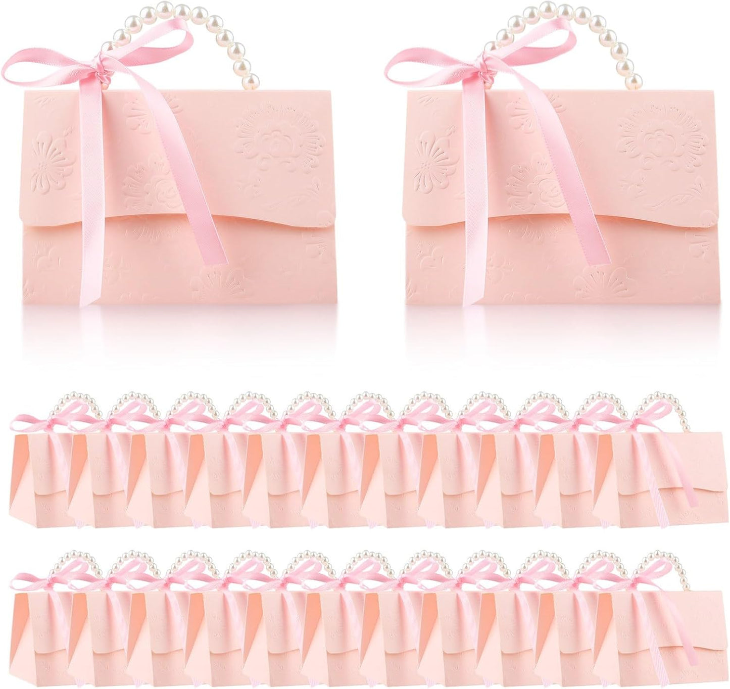 24Pcs Pink Pearl Paper Gift Boxes, Elegant Candy Favor Boxes with Ribbon for Wedding, Bridal Shower, Birthday, Baby Shower 5.12"x3.35"x2.95"