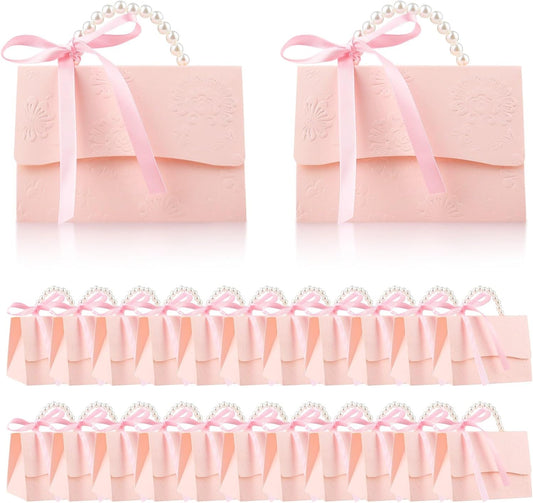 24Pcs Pink Pearl Paper Gift Boxes, Elegant Candy Favor Boxes with Ribbon for Wedding, Bridal Shower, Birthday, Baby Shower 5.12"x3.35"x2.95"