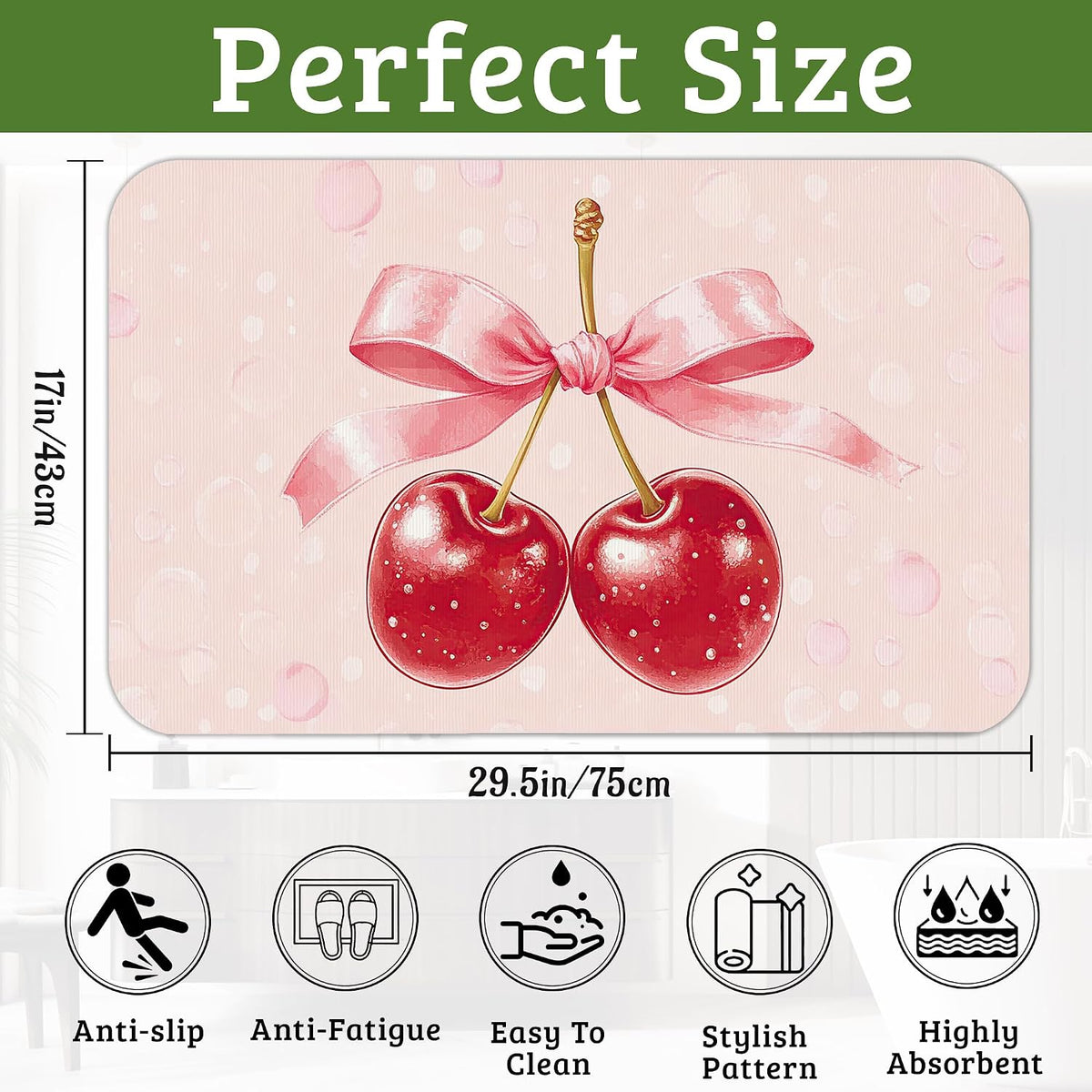 Pink Bow Bathroom Rugs Cherry Bath Mat, Thin Non Slip Floor Mats Shower Bath Rug for Tub, Laundry,Kitchen,Christmas Decorations, 17"x 29.5"