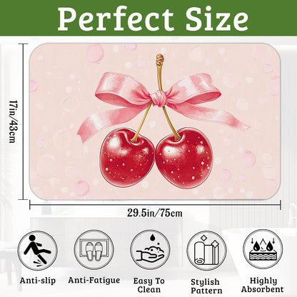 Pink Bow Bathroom Rugs Cherry Bath Mat, Thin Non Slip Floor Mats Shower Bath Rug for Tub, Laundry,Kitchen,Christmas Decorations, 17"x 29.5"