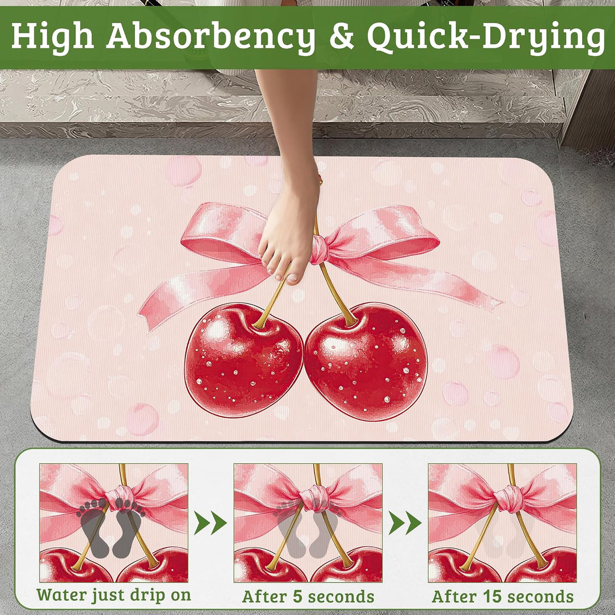 Pink Bow Bathroom Rugs Cherry Bath Mat, Thin Non Slip Floor Mats Shower Bath Rug for Tub, Laundry,Kitchen,Christmas Decorations, 17"x 29.5"