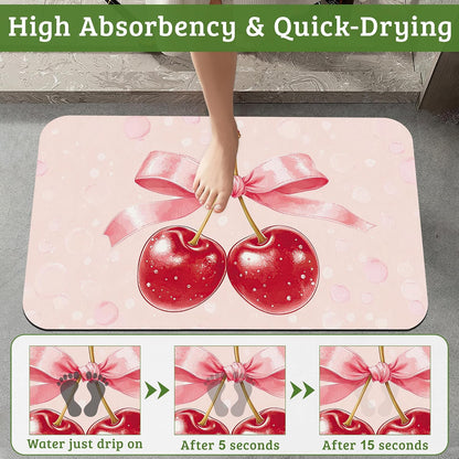 Pink Bow Bathroom Rugs Cherry Bath Mat, Thin Non Slip Floor Mats Shower Bath Rug for Tub, Laundry,Kitchen,Christmas Decorations, 17"x 29.5"
