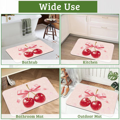 Pink Bow Bathroom Rugs Cherry Bath Mat, Thin Non Slip Floor Mats Shower Bath Rug for Tub, Laundry,Kitchen,Christmas Decorations, 17"x 29.5"