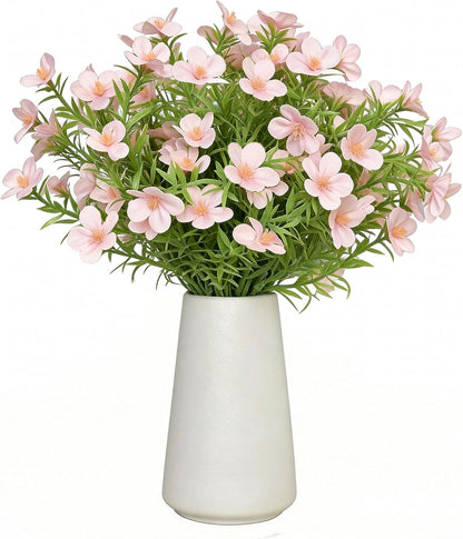 Artificial Pink Gypsophila Baby's Breath Flowers in Ceramic Vase, 6 Inch White Vase with Faux Cosmos Arrangement, Farmhouse Table Centerpiece for Home Office Shelf Desk Decor