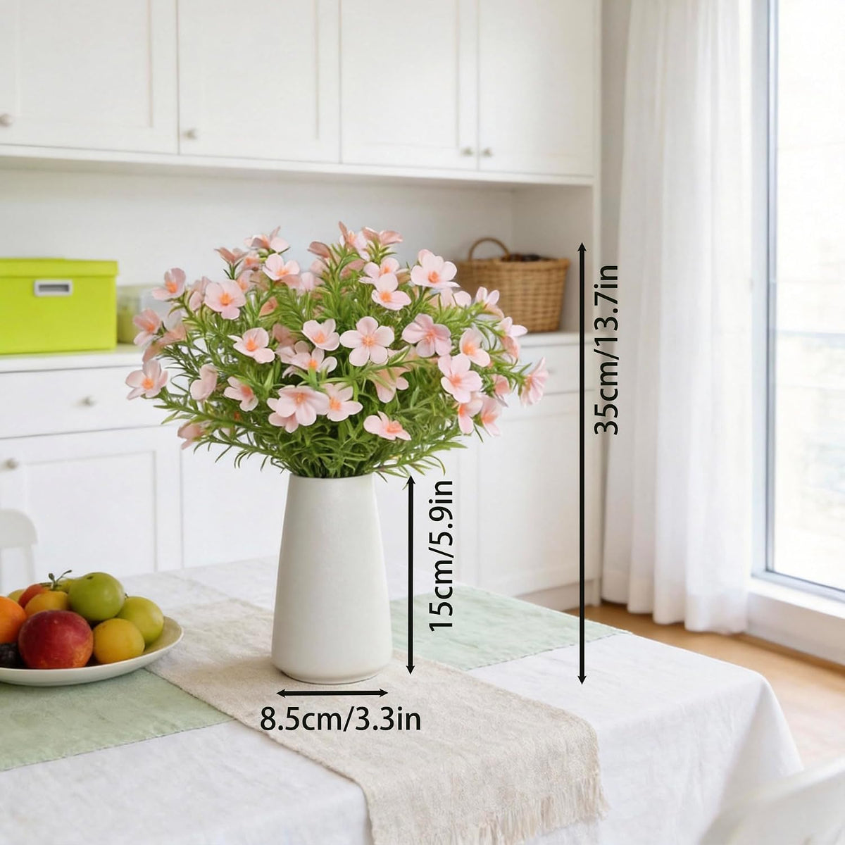Artificial Pink Gypsophila Baby's Breath Flowers in Ceramic Vase, 6 Inch White Vase with Faux Cosmos Arrangement, Farmhouse Table Centerpiece for Home Office Shelf Desk Decor