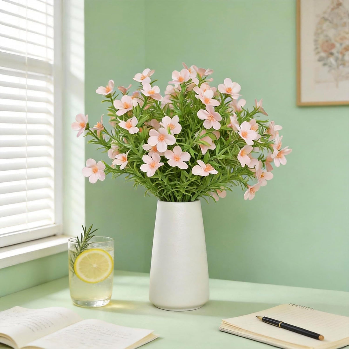 Artificial Pink Gypsophila Baby's Breath Flowers in Ceramic Vase, 6 Inch White Vase with Faux Cosmos Arrangement, Farmhouse Table Centerpiece for Home Office Shelf Desk Decor