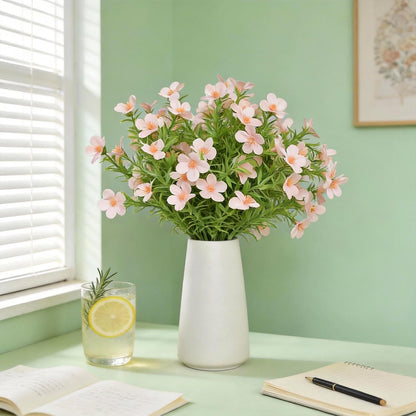 Artificial Pink Gypsophila Baby's Breath Flowers in Ceramic Vase, 6 Inch White Vase with Faux Cosmos Arrangement, Farmhouse Table Centerpiece for Home Office Shelf Desk Decor