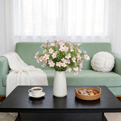 Artificial Pink Gypsophila Baby's Breath Flowers in Ceramic Vase, 6 Inch White Vase with Faux Cosmos Arrangement, Farmhouse Table Centerpiece for Home Office Shelf Desk Decor