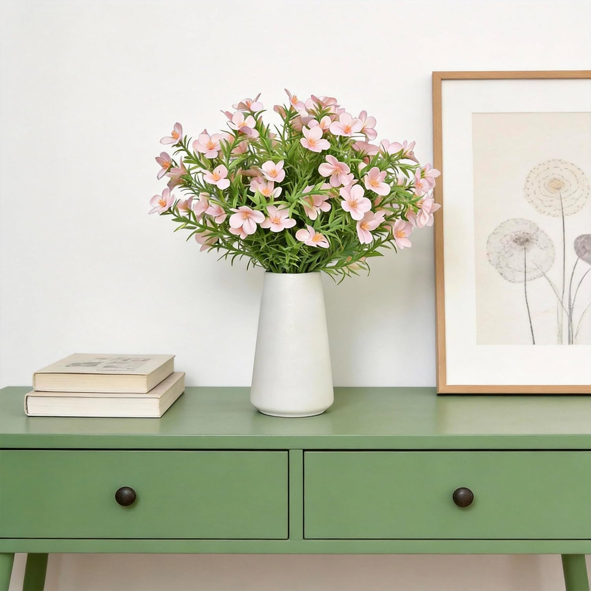 Artificial Pink Gypsophila Baby's Breath Flowers in Ceramic Vase, 6 Inch White Vase with Faux Cosmos Arrangement, Farmhouse Table Centerpiece for Home Office Shelf Desk Decor