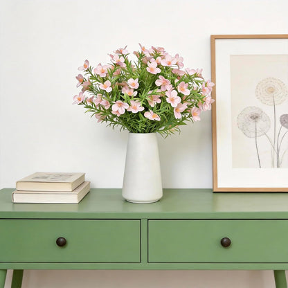 Artificial Pink Gypsophila Baby's Breath Flowers in Ceramic Vase, 6 Inch White Vase with Faux Cosmos Arrangement, Farmhouse Table Centerpiece for Home Office Shelf Desk Decor