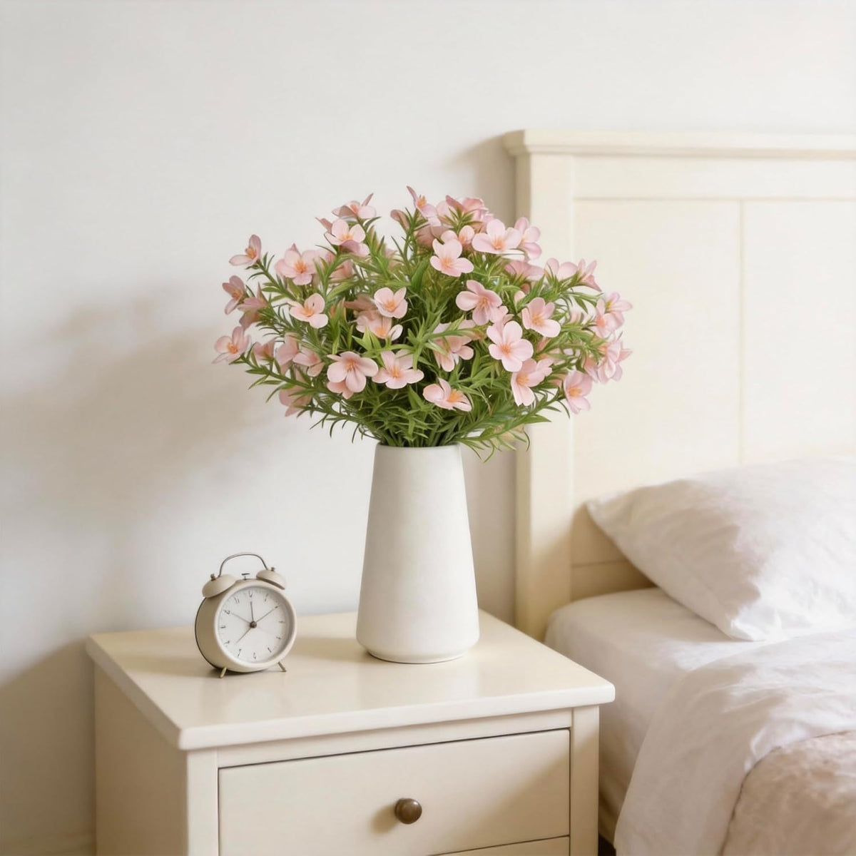 Artificial Pink Gypsophila Baby's Breath Flowers in Ceramic Vase, 6 Inch White Vase with Faux Cosmos Arrangement, Farmhouse Table Centerpiece for Home Office Shelf Desk Decor