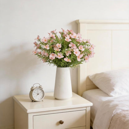 Artificial Pink Gypsophila Baby's Breath Flowers in Ceramic Vase, 6 Inch White Vase with Faux Cosmos Arrangement, Farmhouse Table Centerpiece for Home Office Shelf Desk Decor