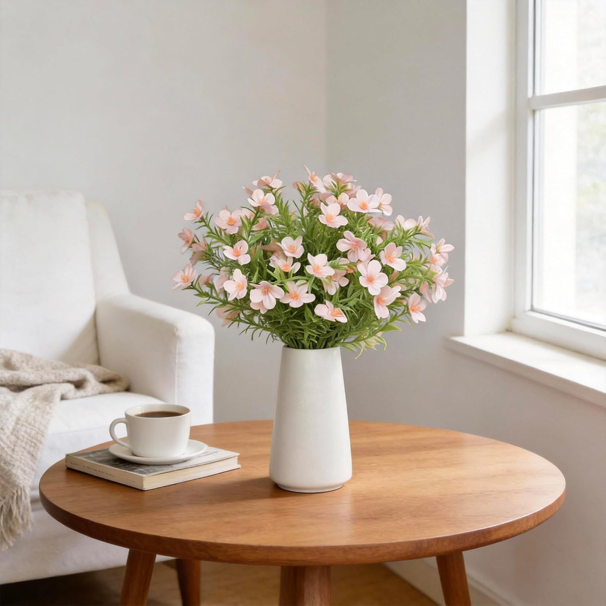 Artificial Pink Gypsophila Baby's Breath Flowers in Ceramic Vase, 6 Inch White Vase with Faux Cosmos Arrangement, Farmhouse Table Centerpiece for Home Office Shelf Desk Decor