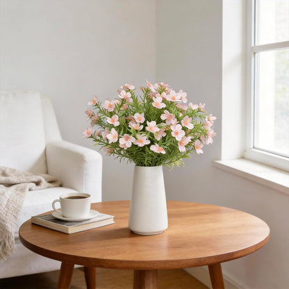 Artificial Pink Gypsophila Baby's Breath Flowers in Ceramic Vase, 6 Inch White Vase with Faux Cosmos Arrangement, Farmhouse Table Centerpiece for Home Office Shelf Desk Decor