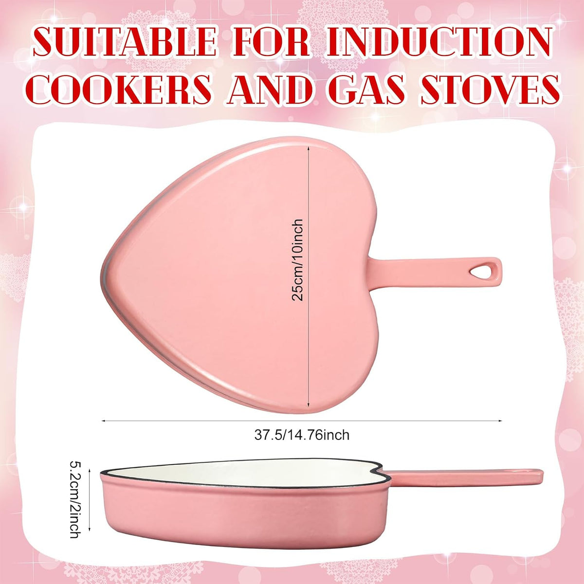 9.2 Inch Enameled Cast Iron Heart Shaped Frying Pan, Pink Nonstick Heart Skillet for Oven and Stovetop, Mother's Day Kitchen Cooking Gift