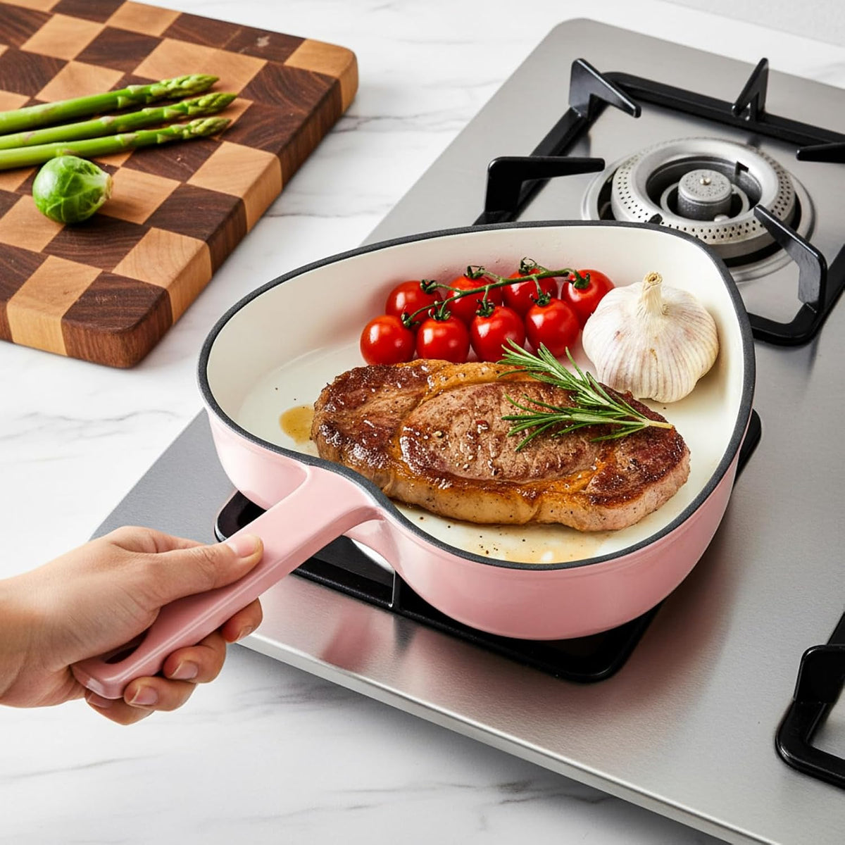 9.2 Inch Enameled Cast Iron Heart Shaped Frying Pan, Pink Nonstick Heart Skillet for Oven and Stovetop, Mother's Day Kitchen Cooking Gift