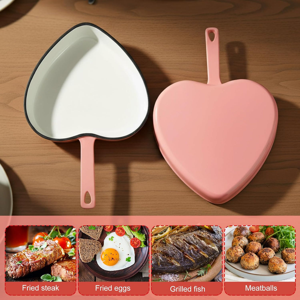 9.2 Inch Enameled Cast Iron Heart Shaped Frying Pan, Pink Nonstick Heart Skillet for Oven and Stovetop, Mother's Day Kitchen Cooking Gift