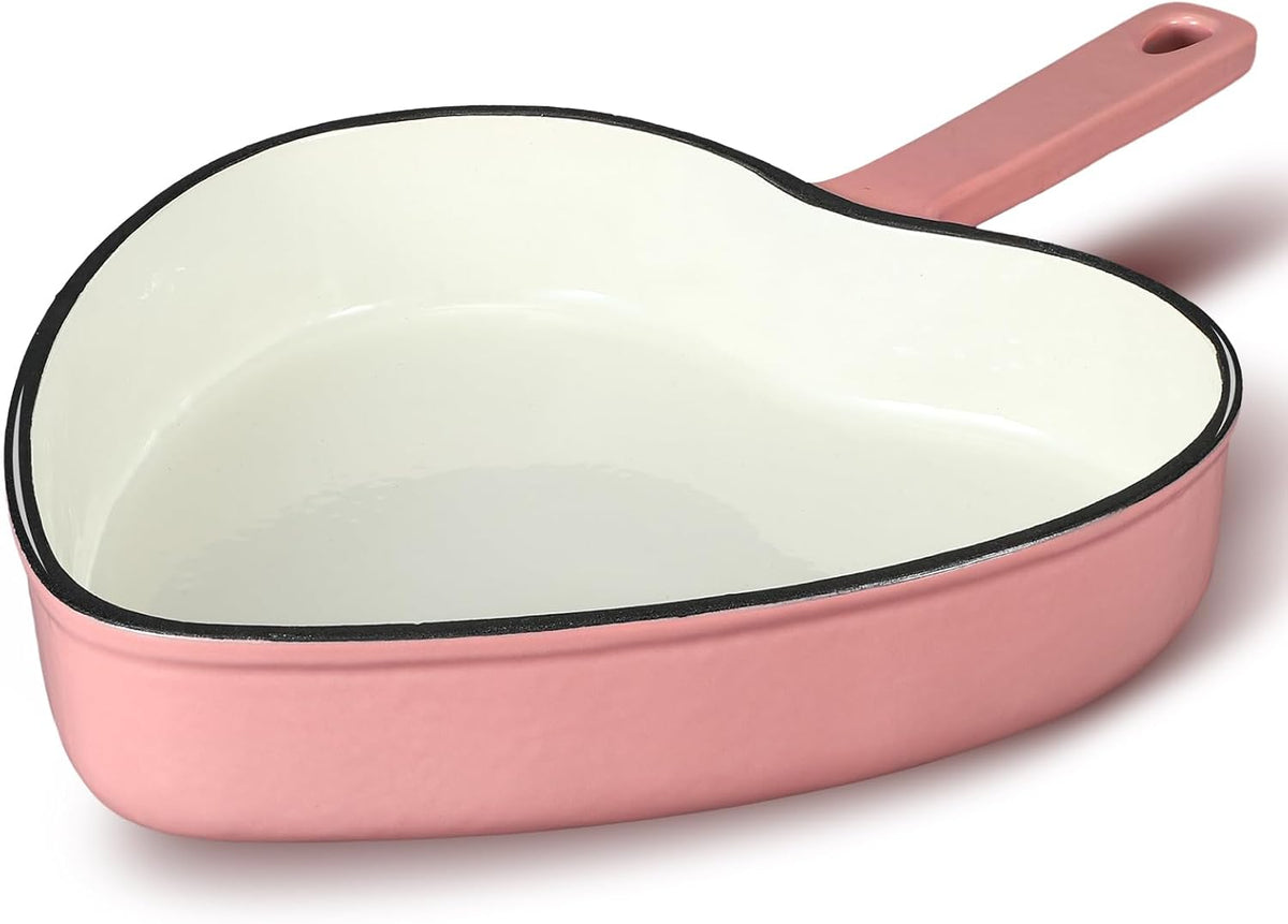9.2 Inch Enameled Cast Iron Heart Shaped Frying Pan, Pink Nonstick Heart Skillet for Oven and Stovetop, Mother's Day Kitchen Cooking Gift